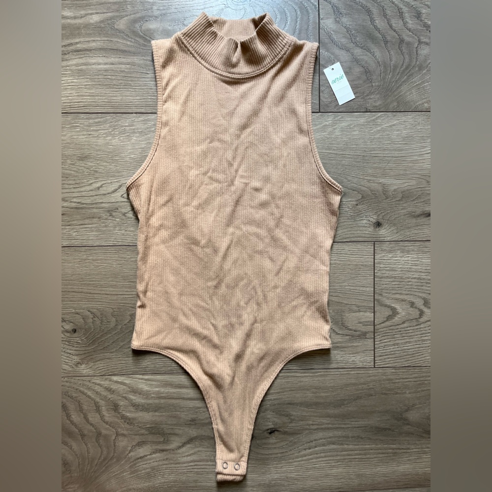 Aerie Ribbed Tan high neck bodysuit